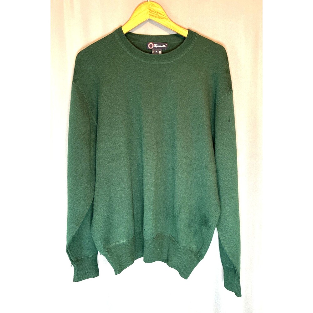 Vtg Faconnable Merino Wool Pullover Sweater Large Forest Green Minimalist HOLES
